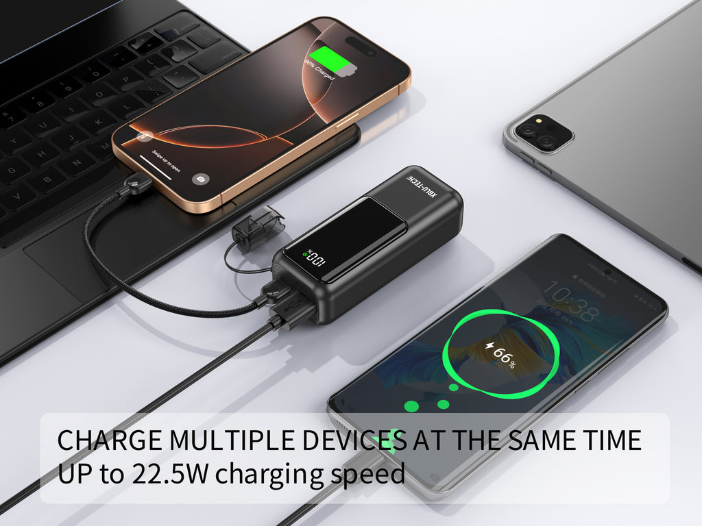 XBLU-TECH 10,000mAh 22.5W Fast Charging Mini Power Bank – Built-in USB-C Lanyard Cable, Compact Portable Charger for iPhone, Samsung, and USB-C Devices