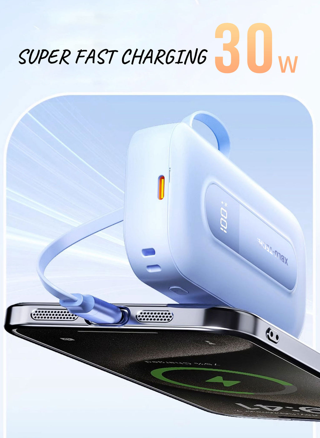 XBLU-TECH 10,000mAh 30W PD Power Bank – Retractable USB-C Cable, High-Speed Charging for iPhone, Samsung, and USB-C Devices