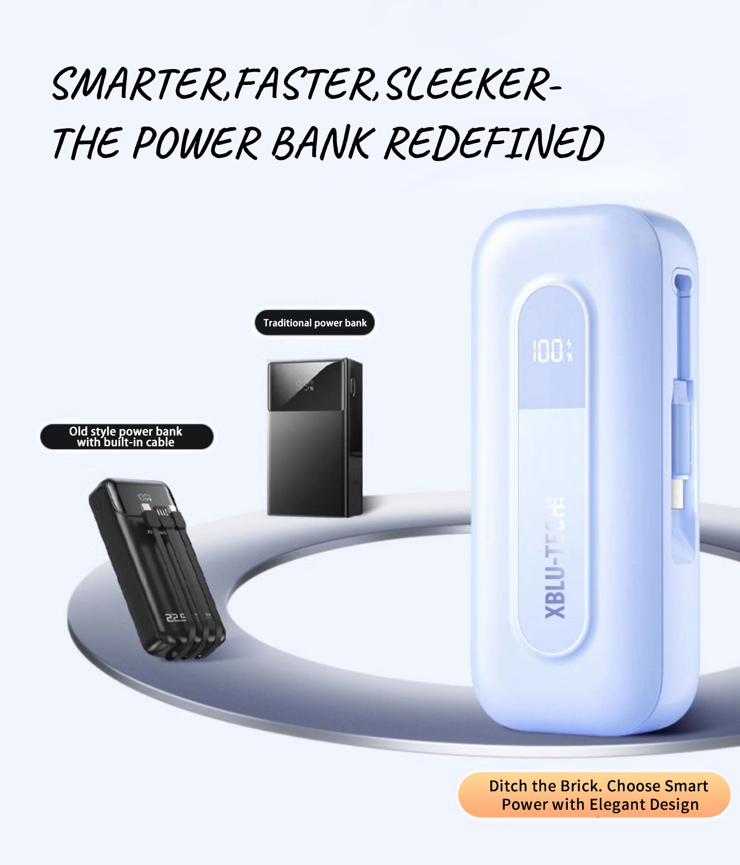 XBLU-TECH 10,000mAh 30W PD Power Bank – Retractable USB-C Cable, High-Speed Charging for iPhone, Samsung, and USB-C Devices